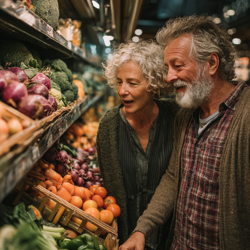 Літня пара готує здорову їжу